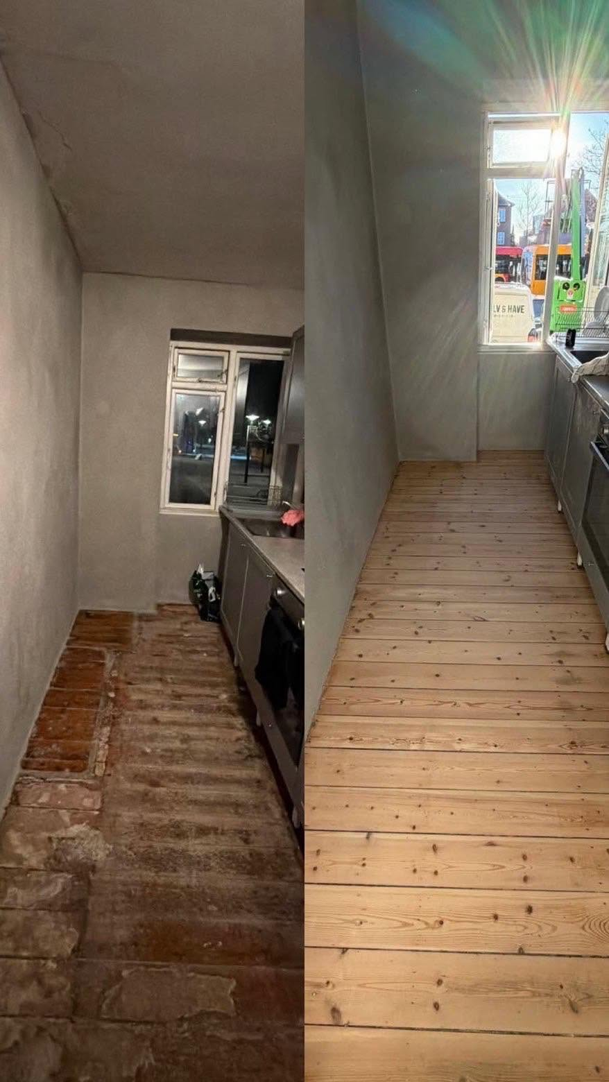 Før og efter: gulvafslibning Sjælland – slidt trægulv slebet og oliebehandlet til lyst, ensartet resultat